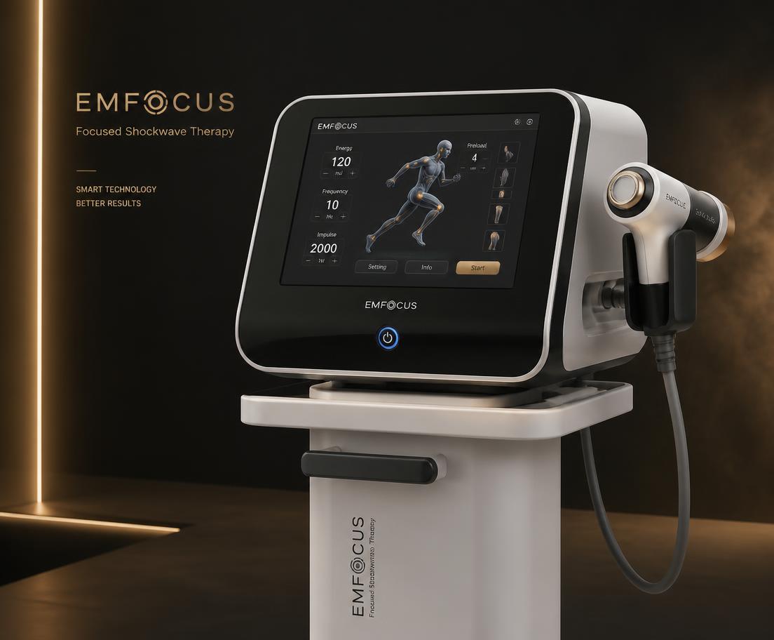 Pulse Wave focused shockwave therapy device with handheld applicator